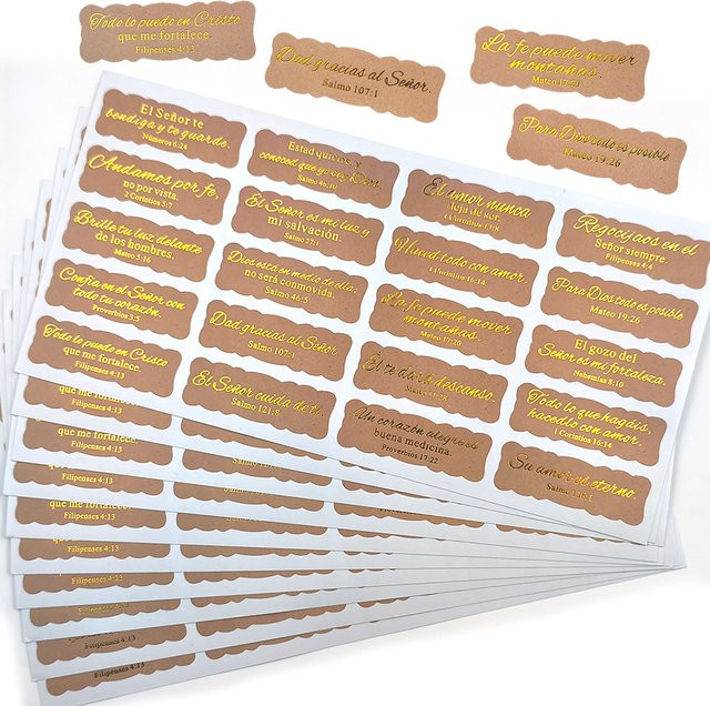 200 Stück goldene spanische Bibelvers-Aufkleber aus Folie mit inspirierenden Schriftzitaten, selbstklebende matte Etiketten in Gold und Braun - Bild 1