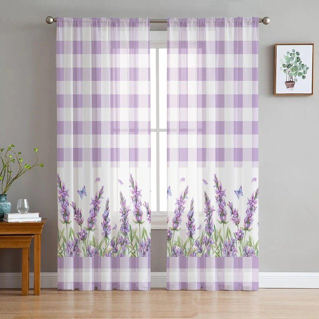 A Family Of Home Textiles Lavendel Voile Gardine mit Blumenmuster in Lila, Transparentes Chiffon Tüll Vorhang für Wohnzimmer, Küche und Schlafzimmer, Breite: 135 cm, Höhe: 114 cm - Bild 1