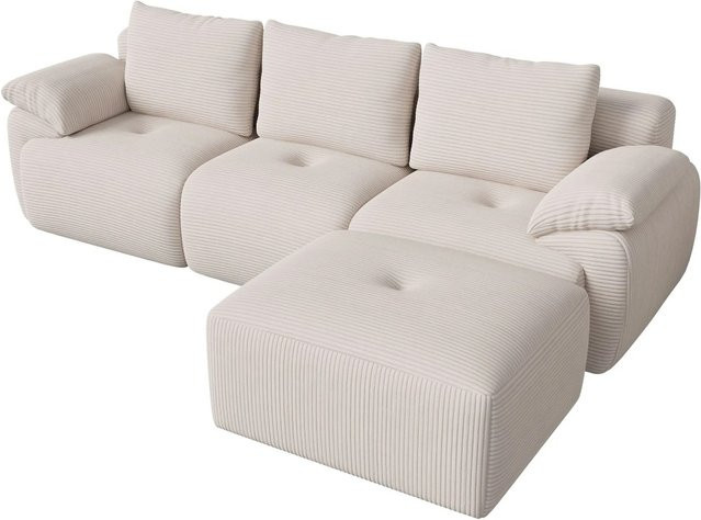 PXloue 3-Sitzer-Sofa in L-Form aus Cordstoff mit Hocker, modern und wendbar, Farben: Beige oder Grau - Bild 1