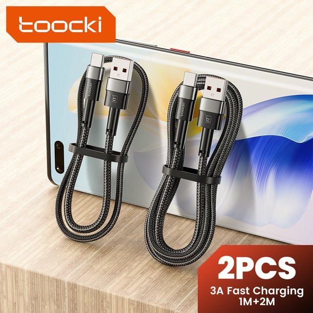Toocki 2er-Set USB Typ C Schnellladekabel 3A mit USB-A auf USB-C Anschluss in Schwarz, Länge: 1m und 2m - Bild 1