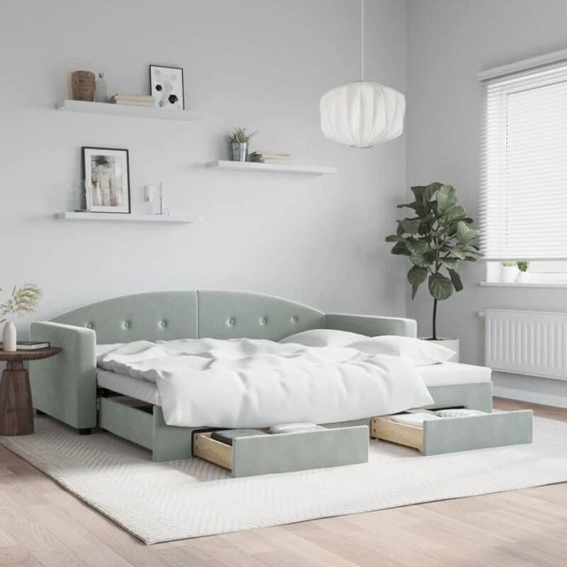Ausziehbares Funktionsbett Vidaxl mit Schubladen aus Samt und Metall in Grau, B/T/H: 190 x 90 x 75 cm - Bild 1
