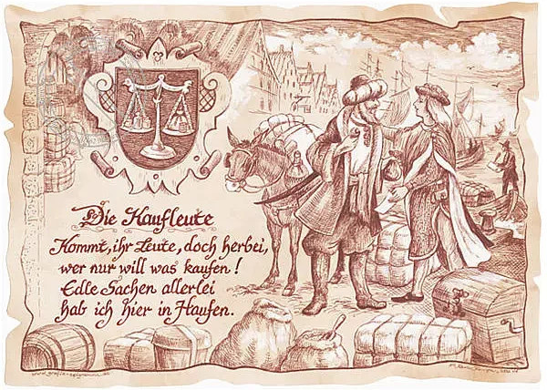 Zunftbild Kaufleute als Grafik auf Antikpapier, Mehrfarbig, B/H: 21,0 x 29,7 cm - Bild 1
