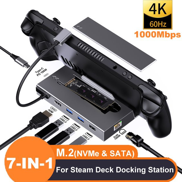 Kebidumei USB C Dockingstation in Grau mit M.2 SSD Slot, 4K@60Hz HDMI, Gigabit Ethernet und USB 3.0 für Steam Deck und Nintendo Switch - Bild 1
