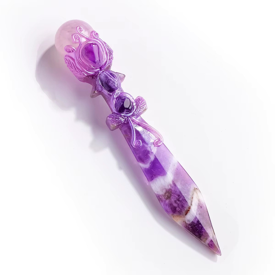 Runyangshi Handgeschnitztes Obsidian und Chevron Amethyst Kristallmesser Athame in Schwarz und Lila als Altar-Dekoration - Bild 3