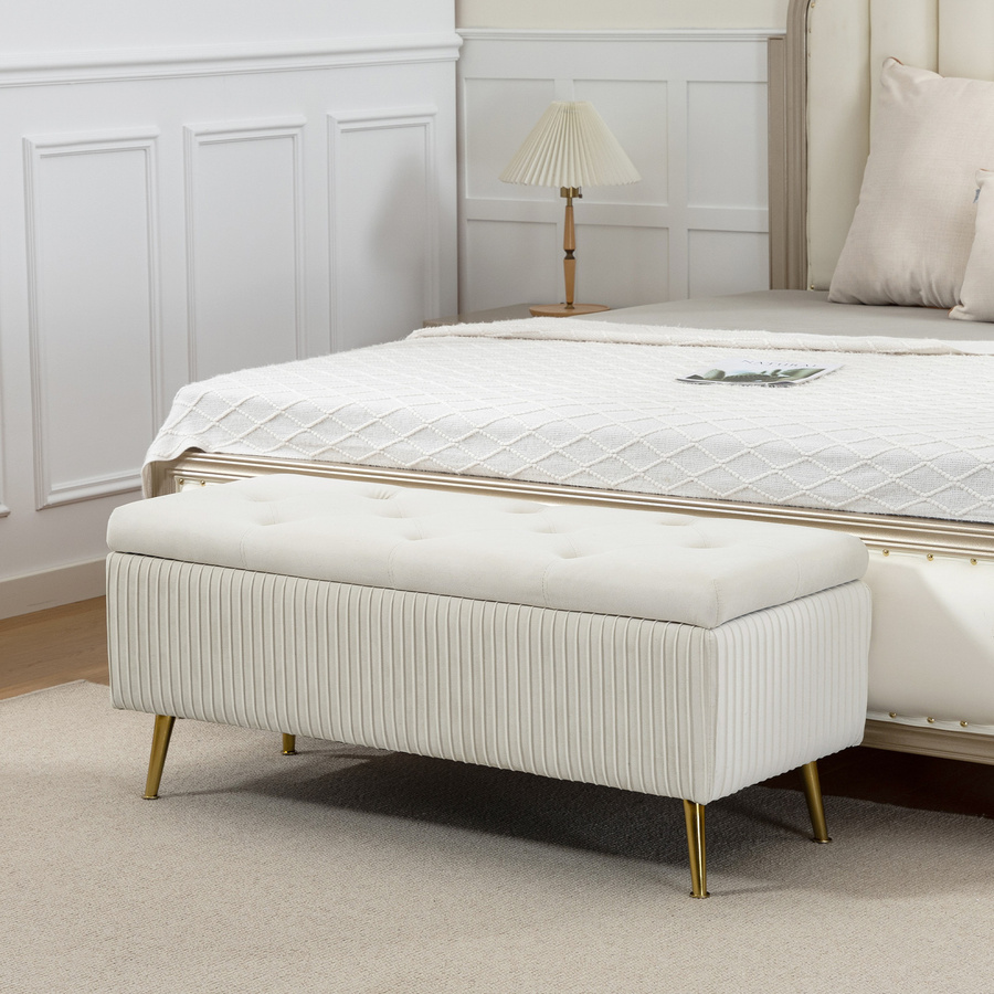 HOMCOM Sitzbank mit Stauraum in Beige mit Samtoptik und goldenen Stahlbeinen, B/T/H: 110 x 44,5 x 46 cm - Bild 2