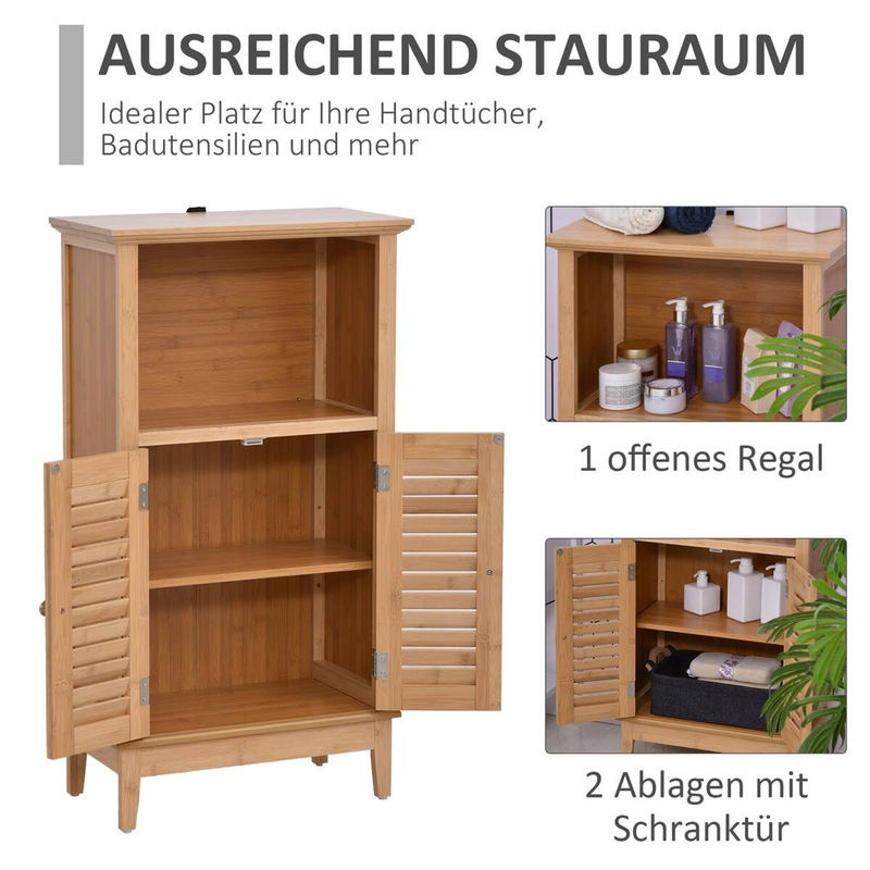 HOMCOM Badschrank aus Bambus mit 2 Lamellentüren und offenen Regalfächern, Farbe: Natur/Beige/Braun, B/T/H: 25,5 x 50,0 x 92,0 cm - Bild 3