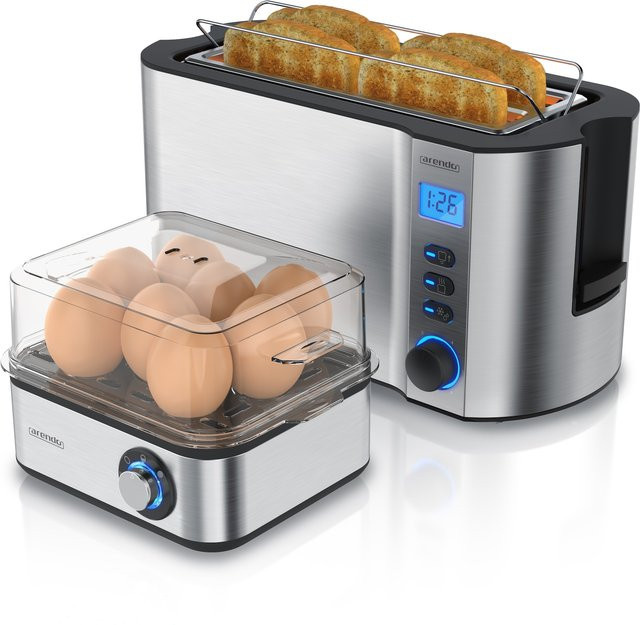 Arendo Frühstücksset 2-teilig bestehend aus einem 4-Scheiben Langschlitztoaster und einem 8er Eierkocher in Silber aus Edelstahl - Bild 1