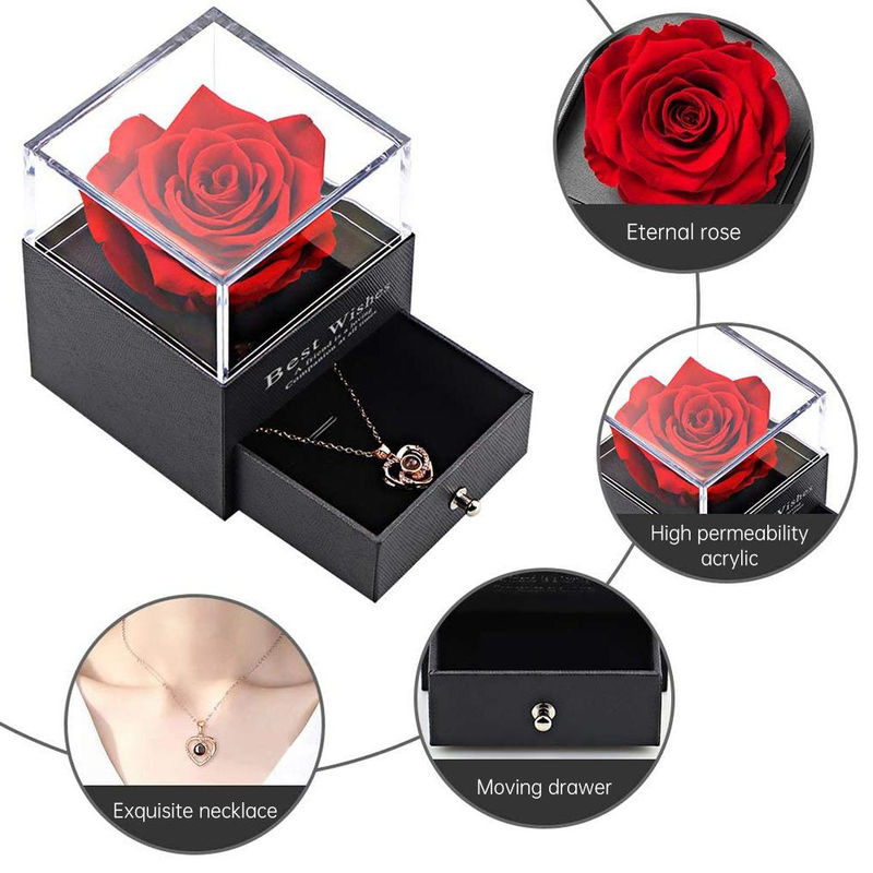 TOMTOP JMS Ewige Rosenbox mit blauer konservierter Rose und Kristallhalskette als Dekoration für Valentinstag oder Geburtstag - Bild 3