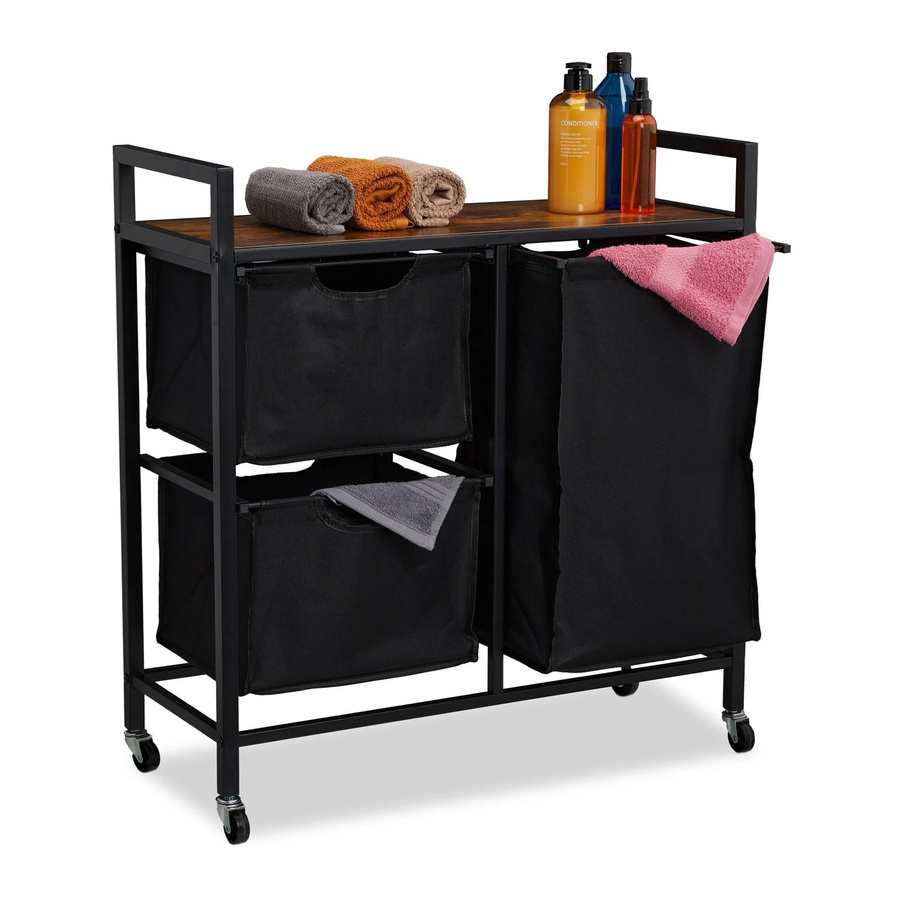 Relaxdays Wäschekorbregal im Industrial Design aus MDF und Eisen mit Rollen, Schwarz Dunkelbraun, B/T/H: 78 x 30,5 x 72,5 cm - Bild 2