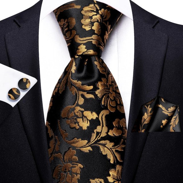 Hi-Tie Krawatten Set, Seide, Blumen, Paisley, Schwarz, Gold, Herren - Bild 1