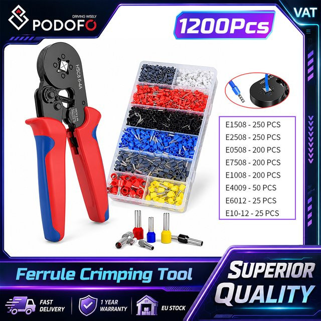 Podofo Ferrule-Crimpwerkzeug-Set mit 1200 Kabelendhülsen und selbsteinstellbarem Ratschen-Crimpwerkzeug für Elektriker - Bild 1