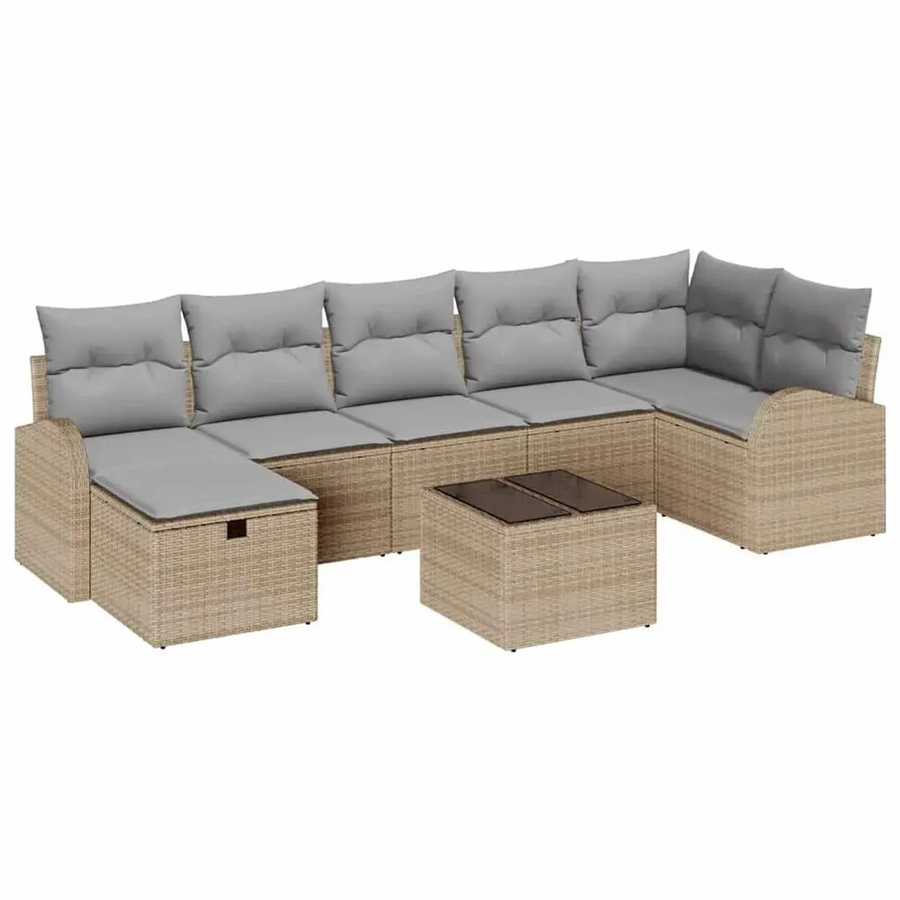vidaXL Garten-Sofa-Set aus Poly-Rattan in Beige, 8-teiliges L-Shape Lounge-Set mit Kissen, Ottoman und Couchtisch inklusive integriertem Stauraum - Bild 2
