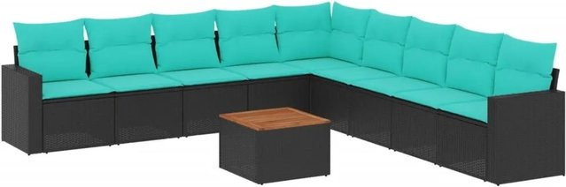 vidaXL 10-teilige Garten-Sofagarnitur aus Poly-Rattan und Akazienholz in Schwarz mit blauen Kissen - Bild 1