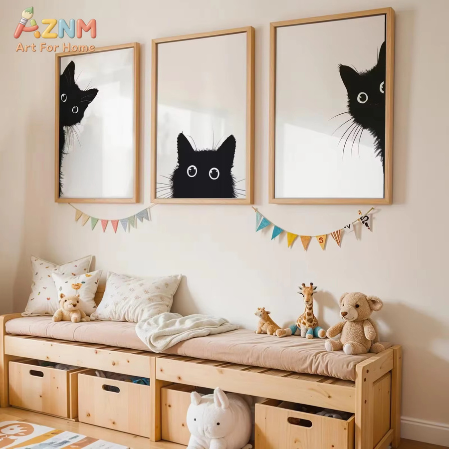 AZNM Minimalistisches Leinwandbild mit schwarzer Katzen-Silhouette in Schwarz-Weiß als abstrakter Grafikdruck für deine Wandgestaltung - Bild 3