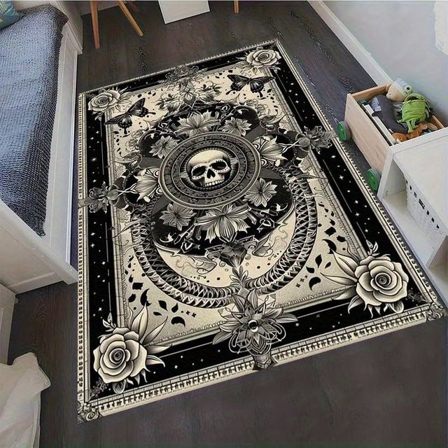 VIKAMA Gothic Skull Floral Fußmatte mit Rosen-Print, rutschfest und waschbar, Rechteckig, B/T: 60 x 40 cm, Multicolour - Bild 1