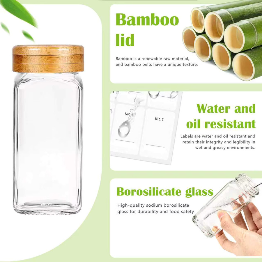 SIAZIH Quadratisches Gewürzgläser-Set aus Glas mit Bambusdeckeln, 120 ml luftdichte und auslaufsichere Aufbewahrungsbehälter, transparent - Bild 2