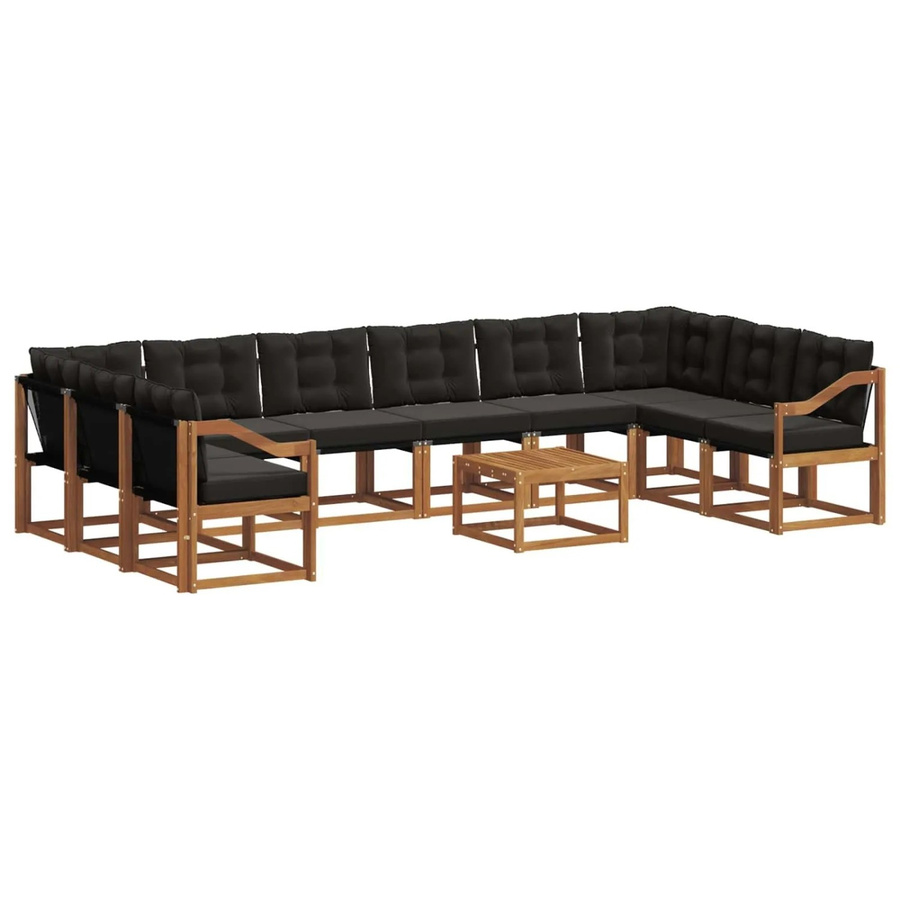 vidaXL Outdoor-Sofagarnitur aus massivem Akazienholz in U-Form, 11-teiliges Set mit Textilene-Bezug und Kissen, Natur und Schwarz - Bild 2