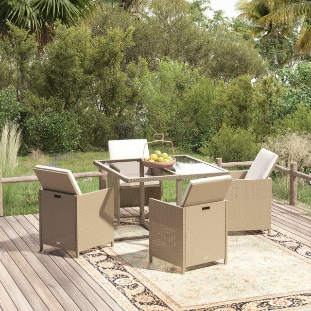 vidaXL 5-tlg. Garten-Essgruppe aus Polyrattan mit Kissen in Beige und Tisch mit Hartglasplatte - Bild 2
