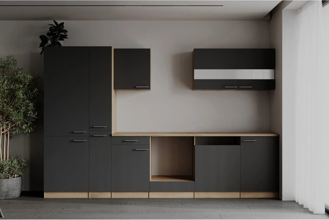 Respekta Küchenzeile Merle modern in Grau mit Eiche Sägerau Nachbildung und Soft-Close-Glasfronten, Breite: 310 cm, Höhe: 200 cm, Tiefe: 60 cm - Bild 1