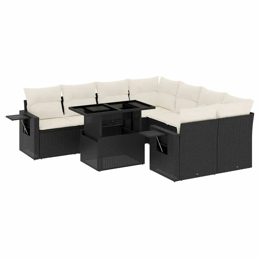vidaXL 9-teilige Garten-Sofagarnitur in L-Form aus Polyrattan mit Kissen in Schwarz-Creme - Bild 2
