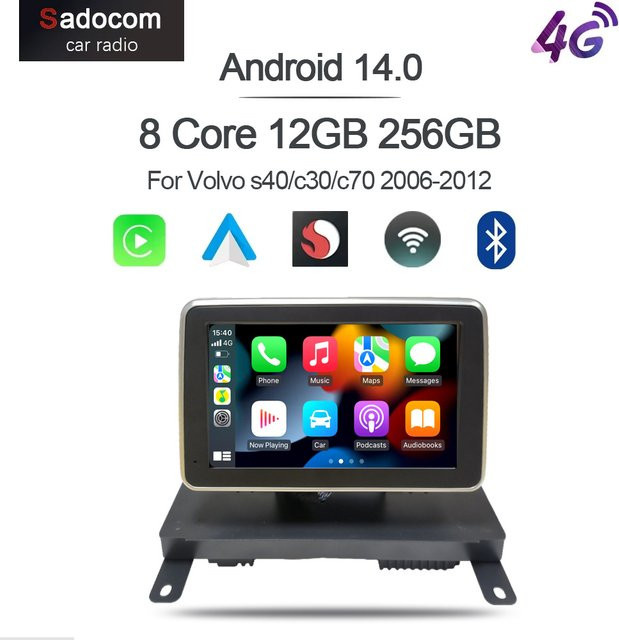 Sadocom 7-Zoll Carplay Android 14 Autoradio mit 12GB RAM + 256GB Speicher, 8-Kern-Prozessor, GPS und WLAN in Schwarz für Volvo S40, C30 und C70 (2006-2012) - Bild 1