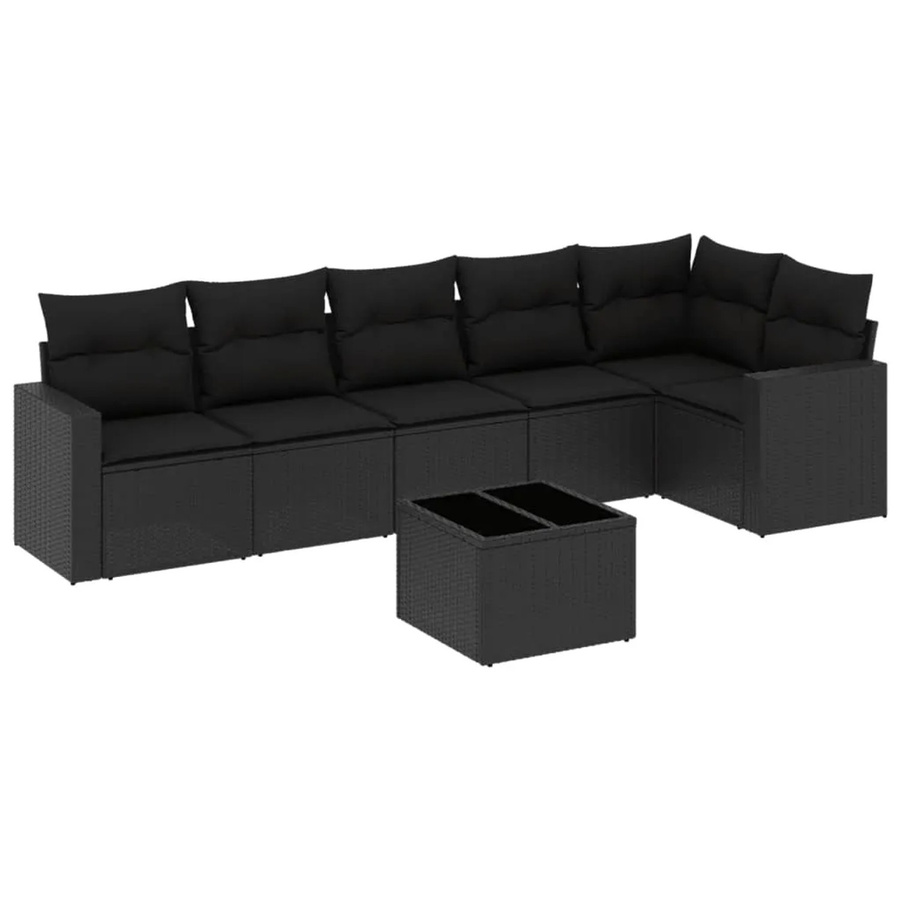 vidaXL 7-tlg Garten-Sofagarnitur in L-Form aus schwarzem Poly-Rattan mit Kissen und pulverbeschichtetem Stahlgestell - Bild 2