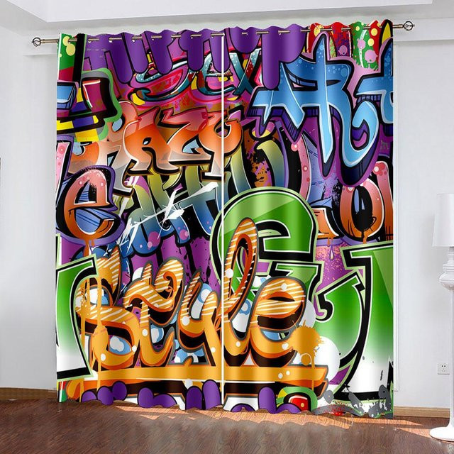 Super Six Vorhang mit abstraktem Graffiti-Design im 3D-Digitaldruck, halbtransparent, Mehrfarbig, Breite: 208 cm, Höhe: 208 cm - Bild 1