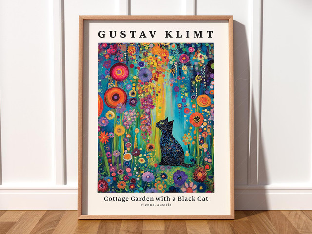 Gustav Klimt Style Cottage Garden Black Cat Wanddruck-Dekor – Florales Kunstposter mit schwarzer Katze in Multicolour für dein Boho Wohnzimmer - Bild 1