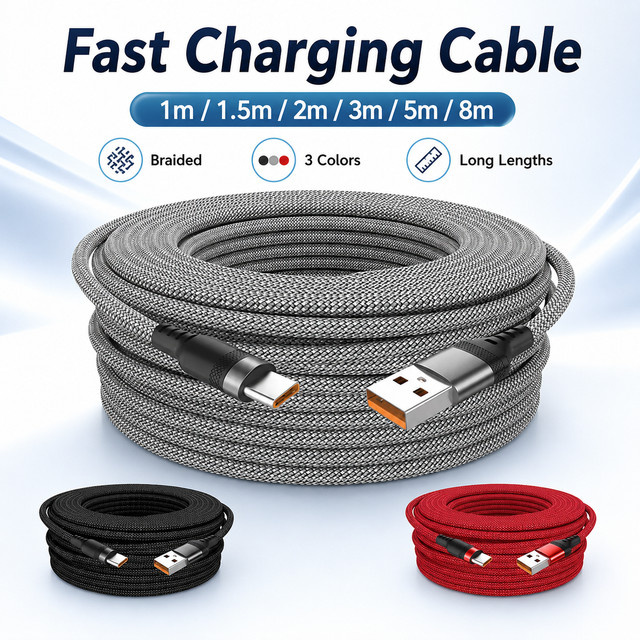 USB Typ-C Verlängerungskabel 6A Schnellladekabel aus nylon-geflochtenem Material in Schwarz für Handys, Tablets und Kameras - Bild 1