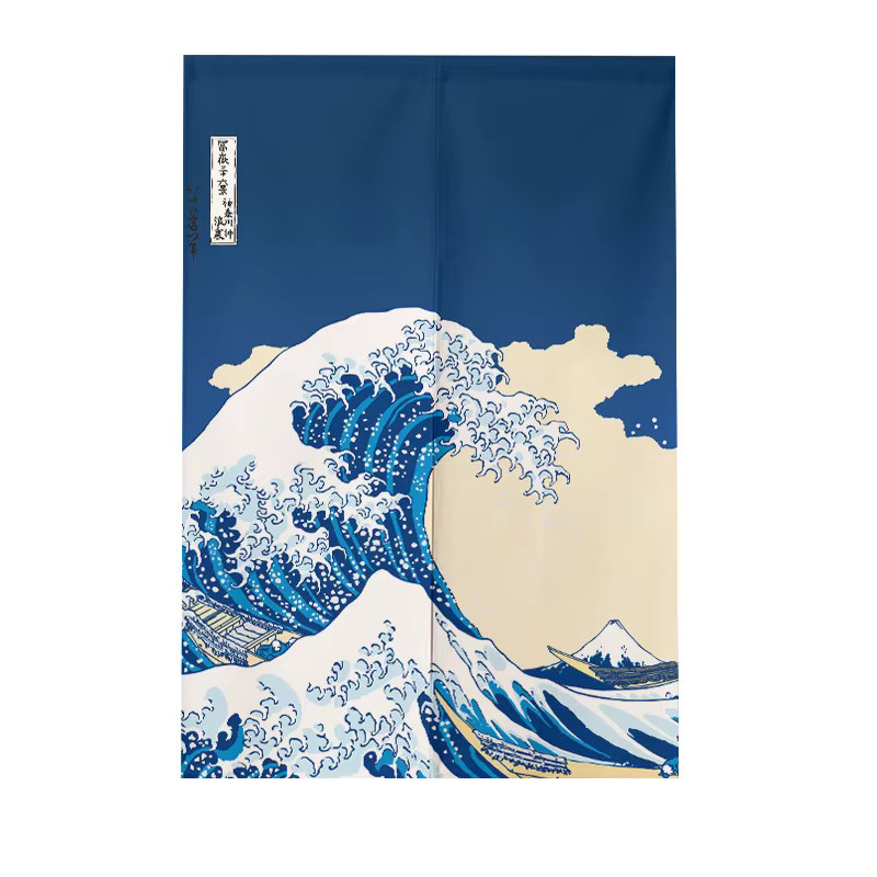 VIKAMA Ukiyo-E Wellen Noren-Vorhang Japanischer Trennvorhang für Küche und Schlafzimmer mit Naturmotiv - Bild 2