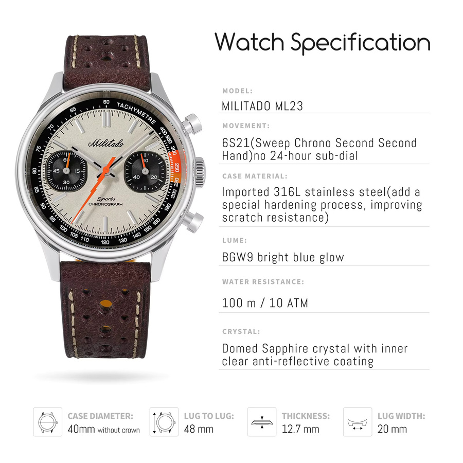 Militado Chronograph, Quarz, Edelstahl, Saphirglas, 40 mm, Leder, Unisex - Bild 2