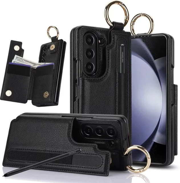 Ring Pu Leder Handyhülle für Samsung Galaxy Z Fold 5 4 3 5G mit Stifthalter und Kartenfach in Schwarz oder Braun - Bild 1