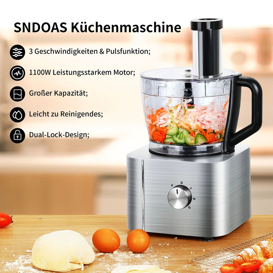 TopStrong Pro Kitchen System 11-in-1 Multifunktions-Küchenmaschine mit 1100 W, Silber, 3,2 l Schüssel und 1,5 l Mixer - Bild 2