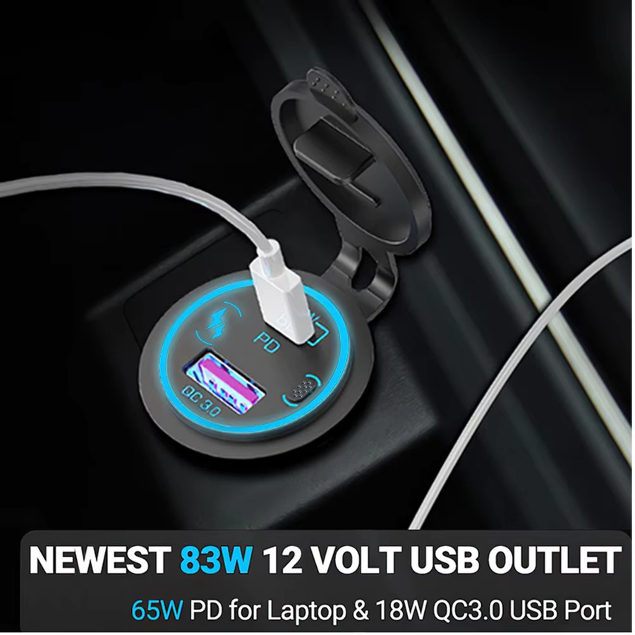 Velev 85W USB-Autoladegerät mit PD Typ C und QC 3.0, wasserdichtes Schnellladegerät in Schwarz für 12V 24V Auto, LKW und Boot - Bild 2