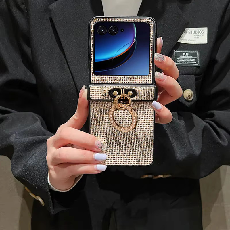 Glänzende Motorola Moto Razr 50 60 70 Ultra Handyhülle mit Diamant-Ring-Schnalle in Gold und stoßfester PC-Rückabdeckung - Bild 2