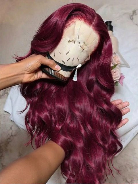 BUNGIOL Perücke Echthaar, Body Wave, Burgunderrot, 36 Zoll, 250% Dichte - Bild 1