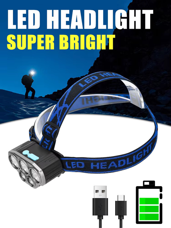 KDULIT Leistungsstarke 5-LED-Stirnlampe in Schwarz, USB-aufladbare Wasserdichte Kopflampe für Outdoor, Camping und Sport - Bild 5