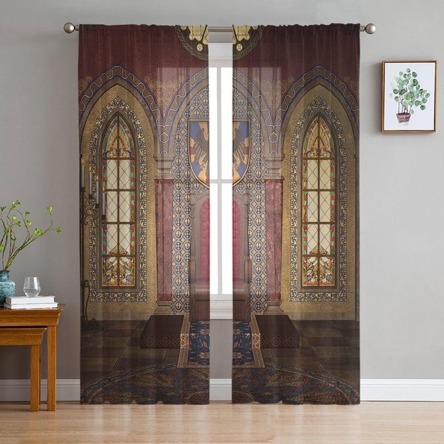 Yiran Furniture Marokkanische Tüllvorhänge aus transparentem Voile mit Grafikdruck, 2er-Set, B: 135 cm, H: 115 cm - Bild 1