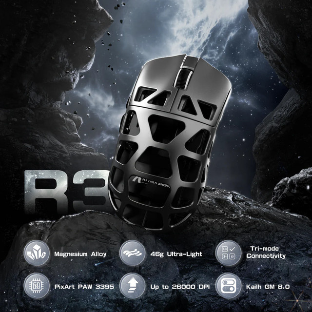 ATTACK SHARK R3 Gaming-Maus aus Magnesiumlegierung in Schwarz mit 8K Superlight, 8000 Hz, bis zu 26.000 DPI PAW3395, kabellos via Bluetooth oder 2,4 G sowie kabelgebunden - Bild 1