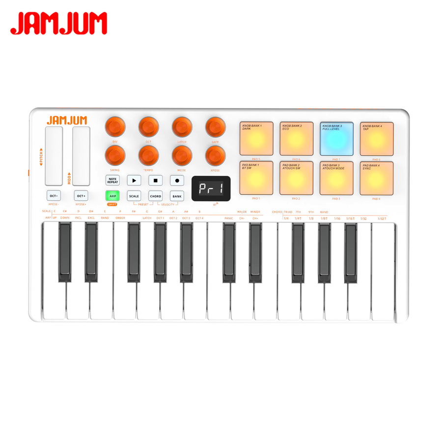 JANJUM MIDI-Pad-Controller-Keyboard in Weiß mit 25 Tasten, 16 RGB-Drum-Pads und 8 Drehreglern für deine Musikproduktion inklusive Software - Bild 3