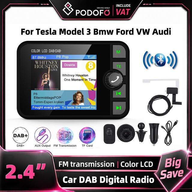 Podofo DAB+ Digitalradio-Empfänger mit 2,4 Zoll LCD-Display, Bluetooth und AUX-Funktion für Tesla, BMW und Ford, Schwarz - Bild 1