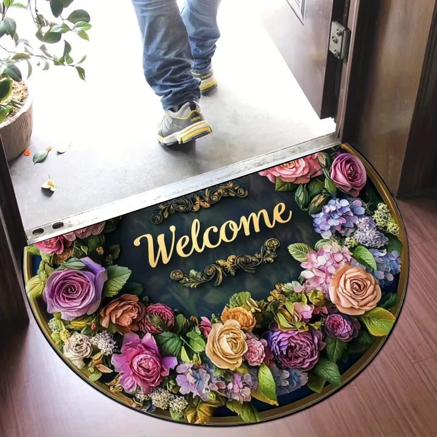 VIKAMA Halbrunder Flanell-Teppich mit Blumenmuster in Multicolour, rutschfester Küchenteppich und Eingangsteppich für drinnen und draußen - Bild 1