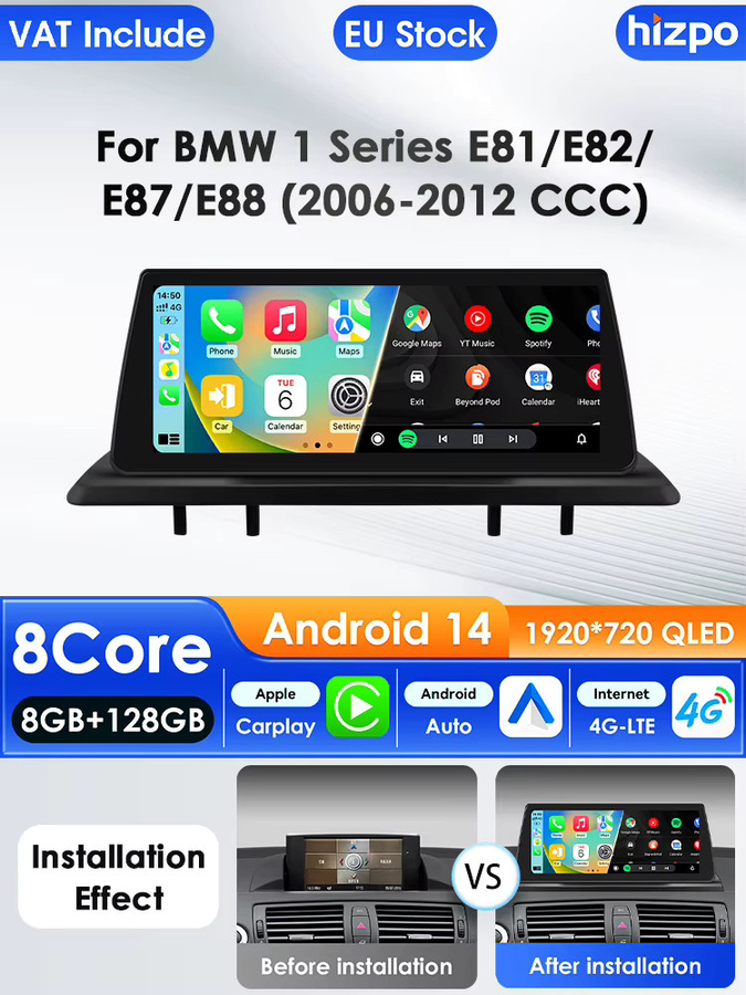 Hizpo Android 14 CarPlay Auto-Radio für BMW 1er Serie E81 E82 E87 E88 (09-16) Multimedia Autoradio 2DIN in Schwarz mit 10,25 Zoll Display - Bild 5