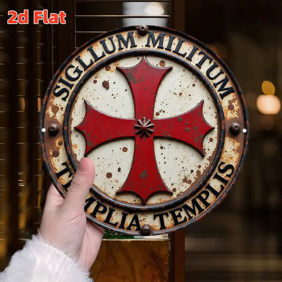 Hello Young Templerorden Mittelalterliches Emblem Metallschild Sigillum Militum Templarii in Rot, runde Aluminium-Wanddekoration im Vintage-Stil, Durchmesser: 20 cm - Bild 4