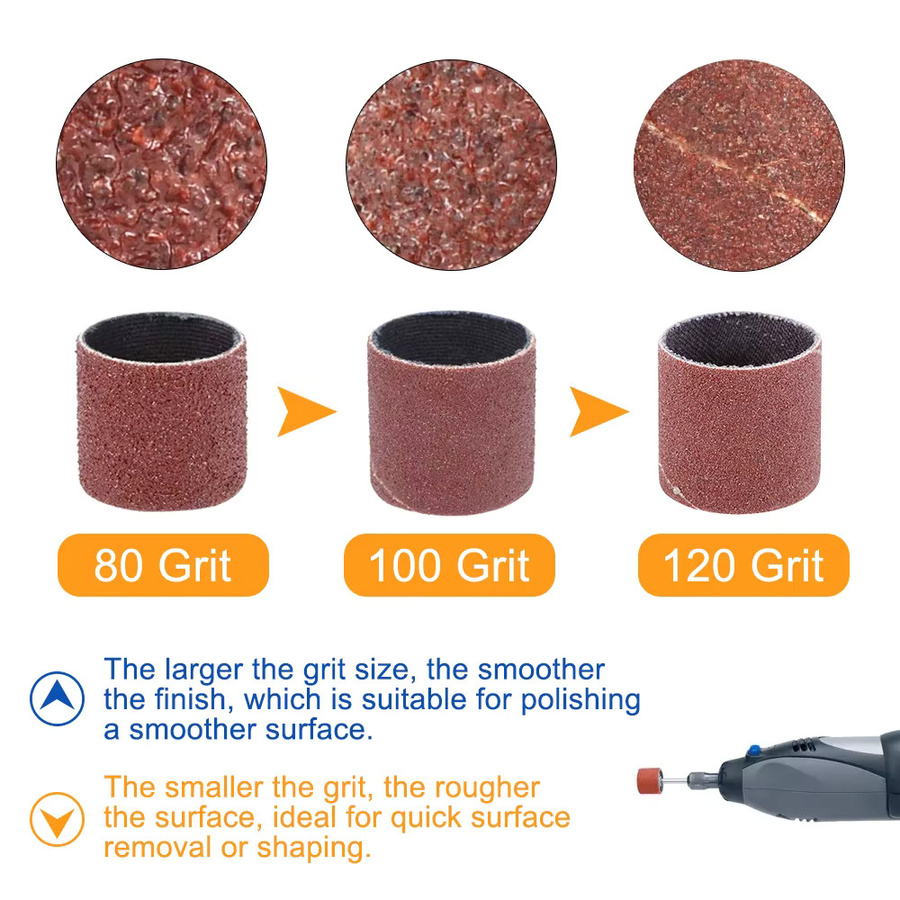 XCAN Schleiftrommel-Set mit Trommeldornen für Dremel-Rotationswerkzeuge, 11–102 Stück, Körnung 80/100/120, Durchmesser 12,7 mm - Bild 4