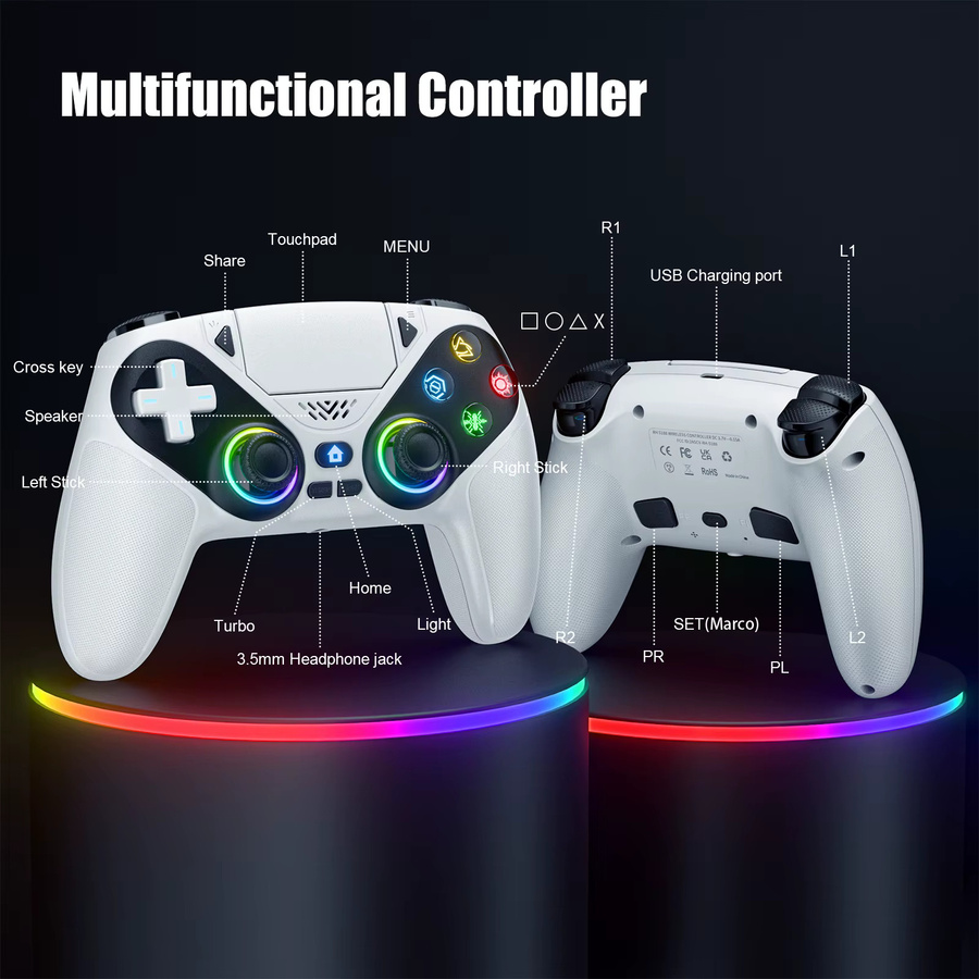 GAMROMBO Kabelloses Gamepad mit Hall-Effekt RGB Joystick für PlayStation 5 PS5 Pro Slim und PC, Bluetooth Controller mit Turbo und Programmierbaren Funktionen, Multicolor/Rot/Weiß - Bild 6