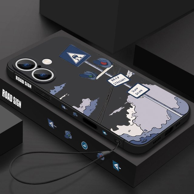 YISHANGOU Magnetische TPU-Handyhülle mit Straßenschild-Muster und Trageschlaufe für iPhone 16 15 14 13 12 Pro Max 11, Schwarz, Stoßfestes Silikon-Design - Bild 1