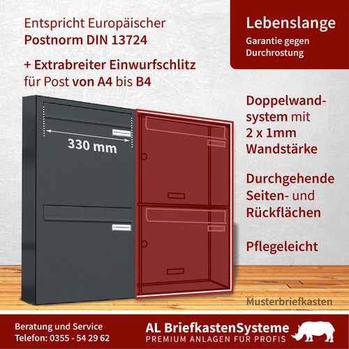 AL Briefkasten-System für 6 Parteien mit Zaundurchwurf, grau, B: 153,152 cm, H: 68,4 cm, T: 11,6 cm - Bild 2