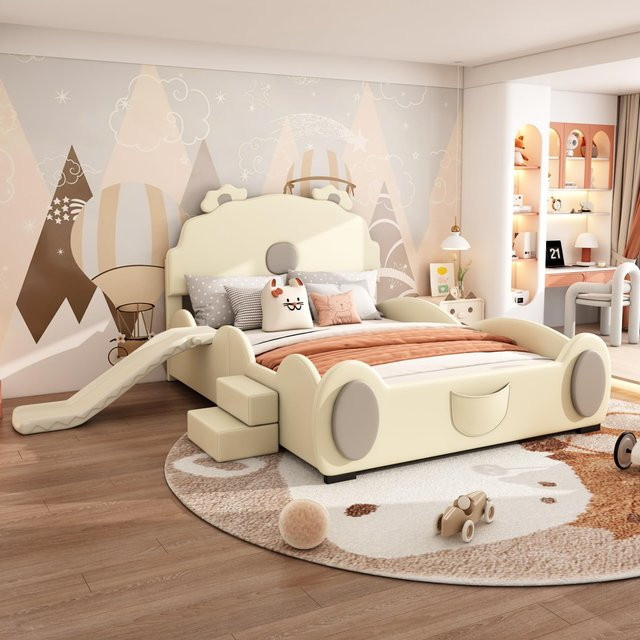 Flieks Polsterbett Kinderbett mit Rutsche und Leiter in Cartoon-Design, Beige, PU-Material, B/T/H: 209.5 x 140 x 110 cm - Bild 1