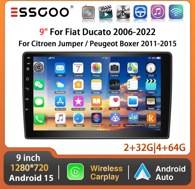 ESSGOO 9-Zoll Android 15 Autoradio mit CarPlay, GPS und Bluetooth in Schwarz für Fiat Ducato 2006–2022, Citroën Jumper und Peugeot Boxer 2011–15 - Bild 1